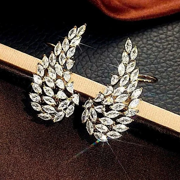 Gold Cubic Zircon Leaf Angel Wing Cuff Earrings - Picture 4 of 7